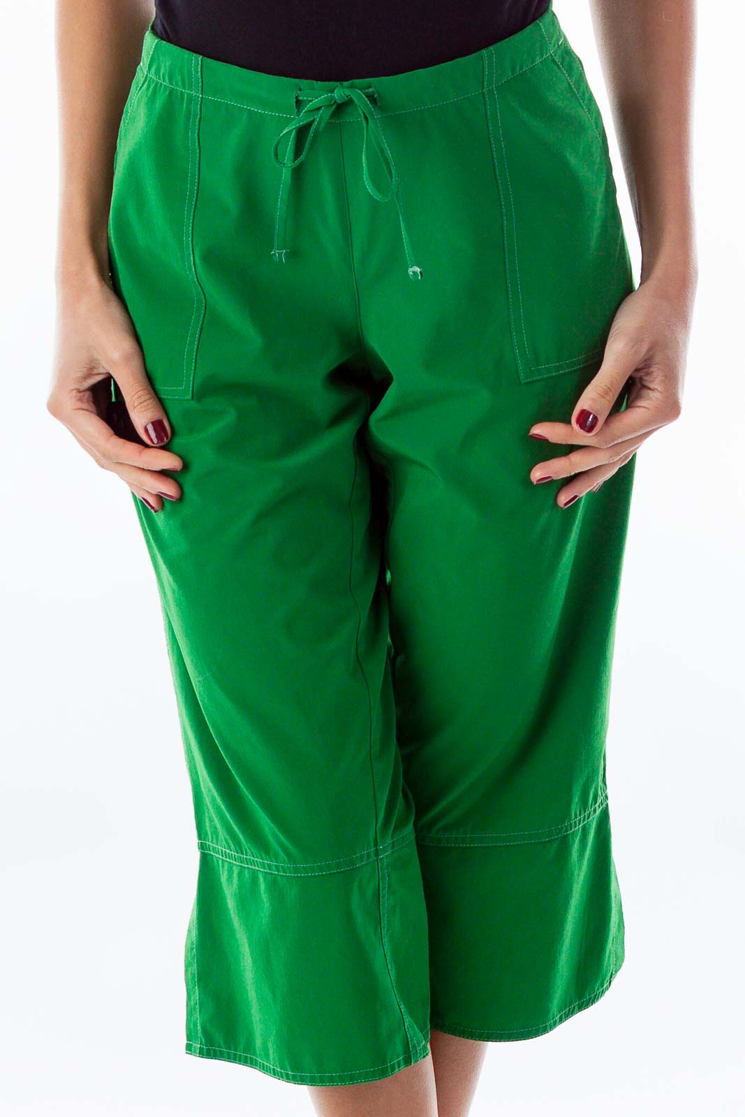 Green Drawstring Cropped Pants Front