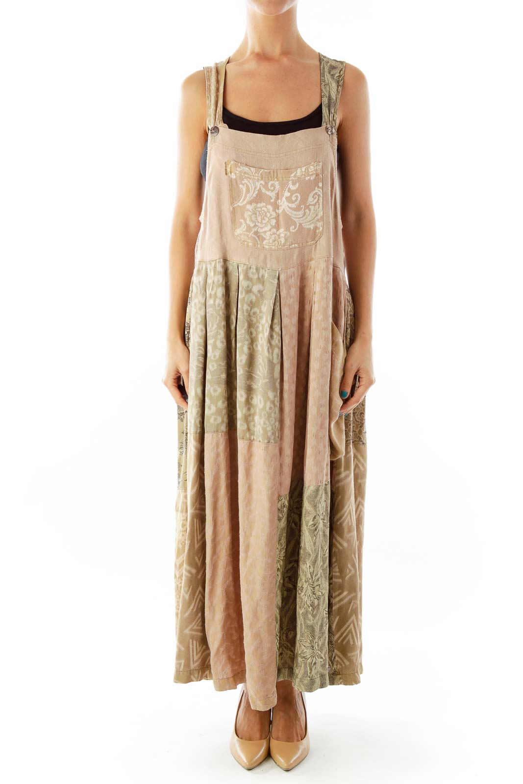 Brown Pink Embroidered Day Dress Front