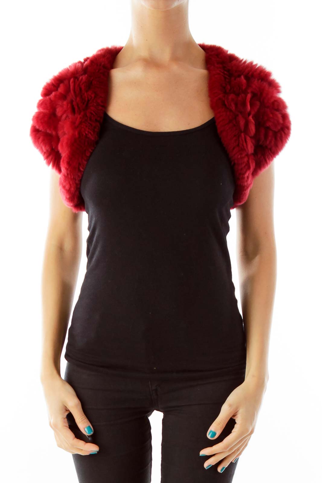 Red Cropped Rabbit Fur Jacket Front