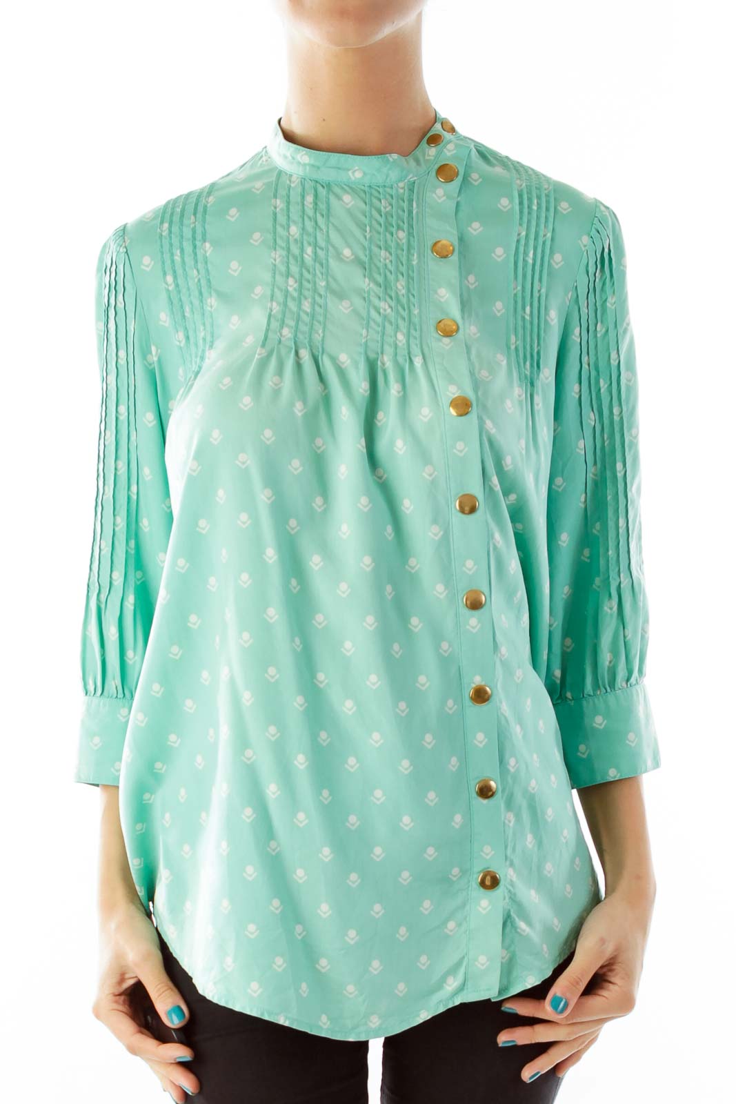 Mint Print Pleated Blouse Front
