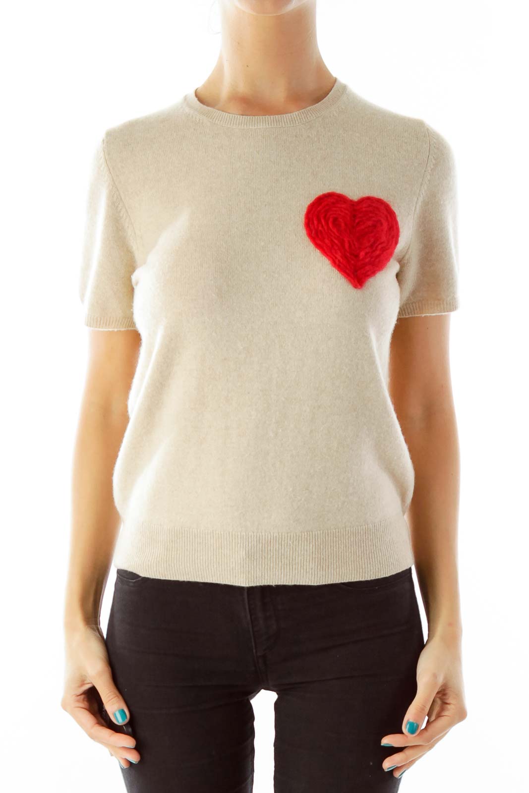Beige Cashmere Top with Red Heart Detail Front