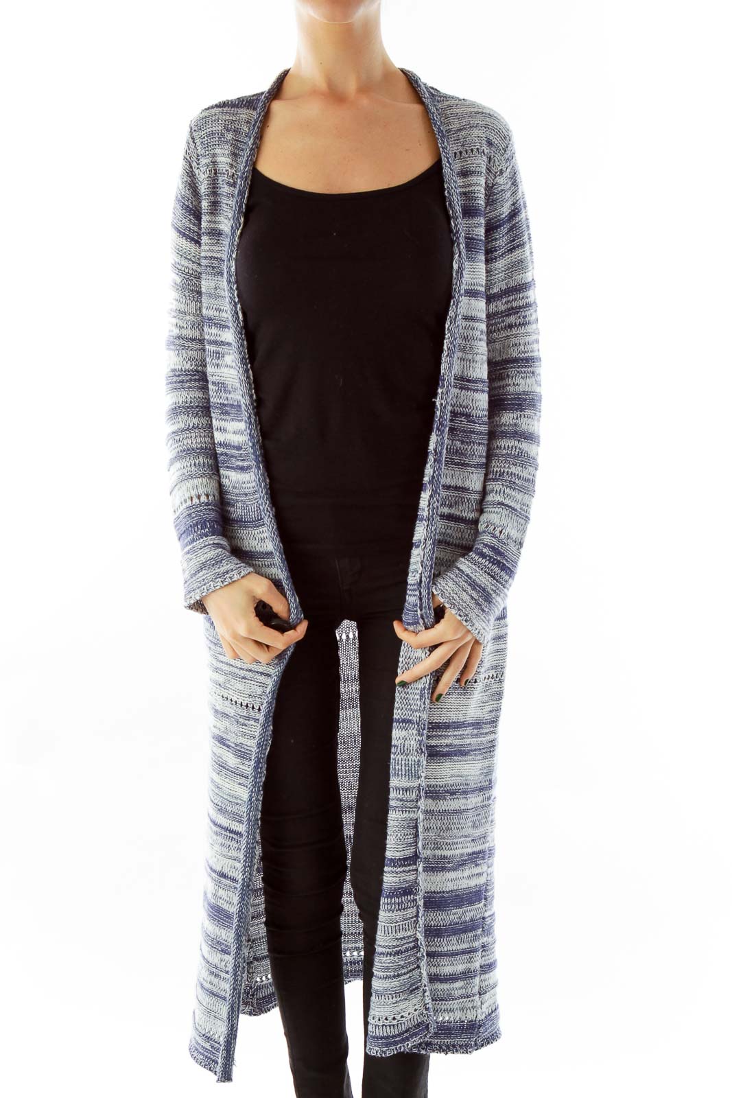 Blue & White Long Knit Cardigan Front