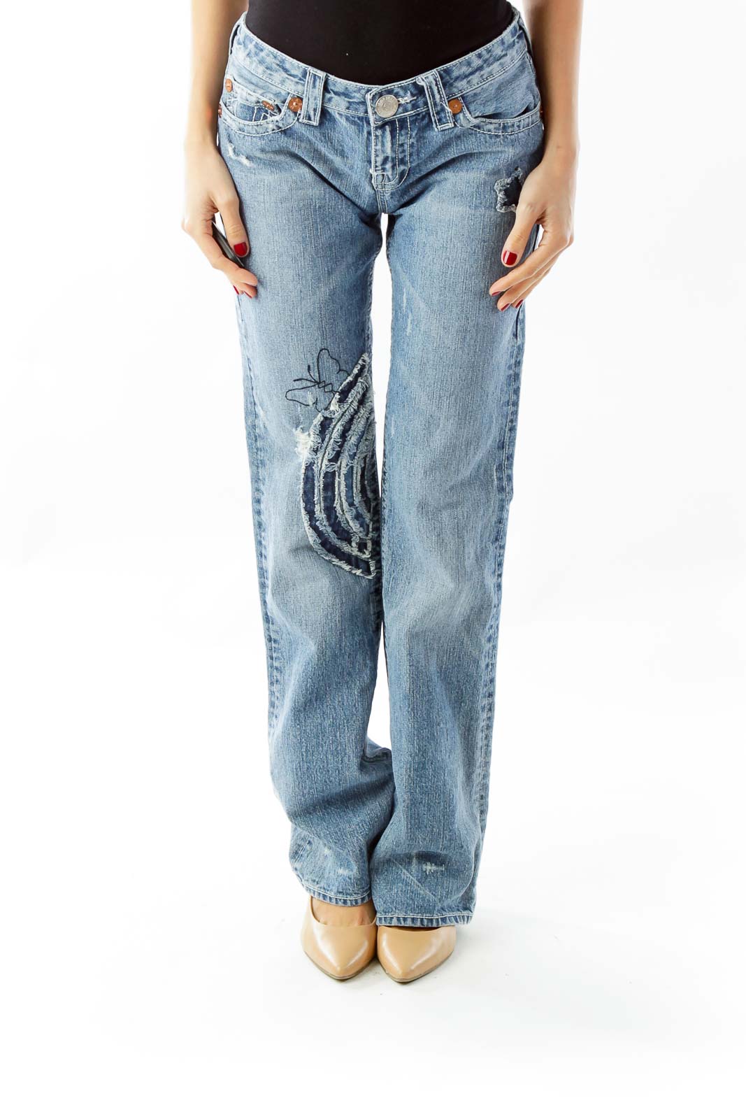Blue Embroidered Flare Jeans Front