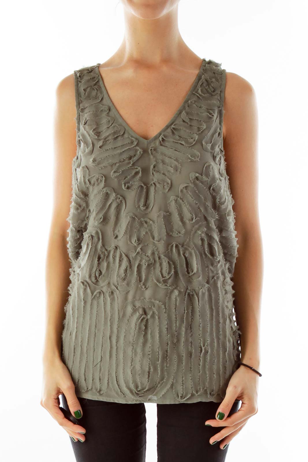 Olive Green Ruffled Tank Top Front