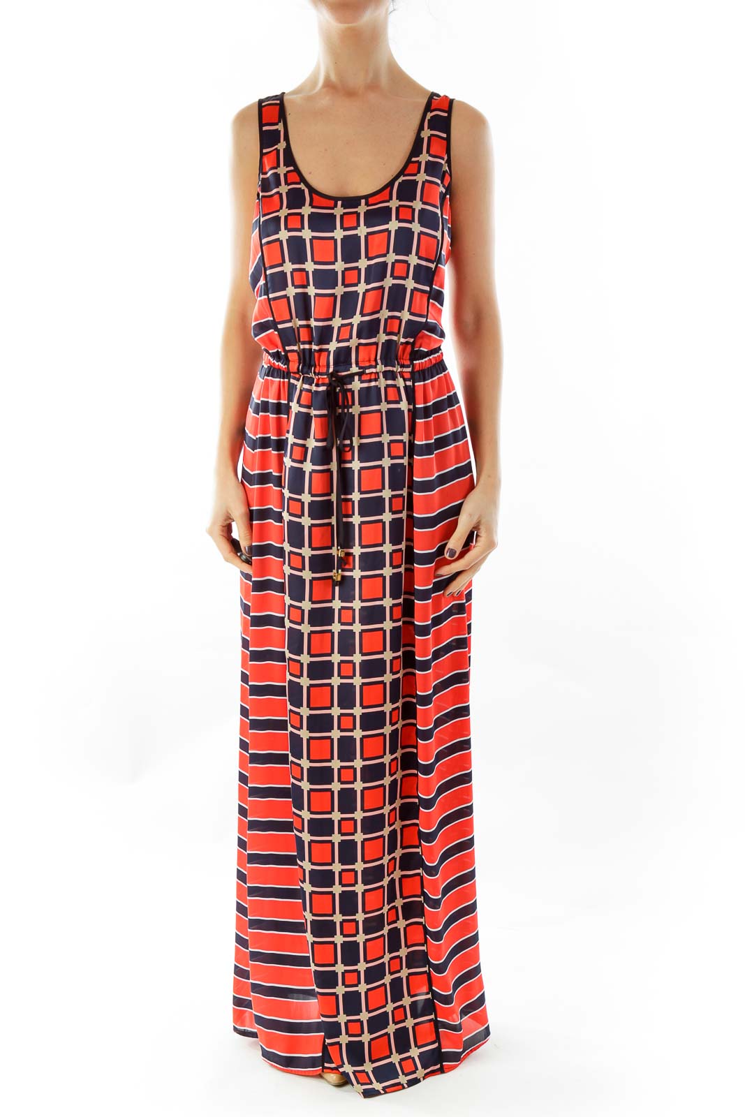 Red Blue Striped Maxi Dress Front