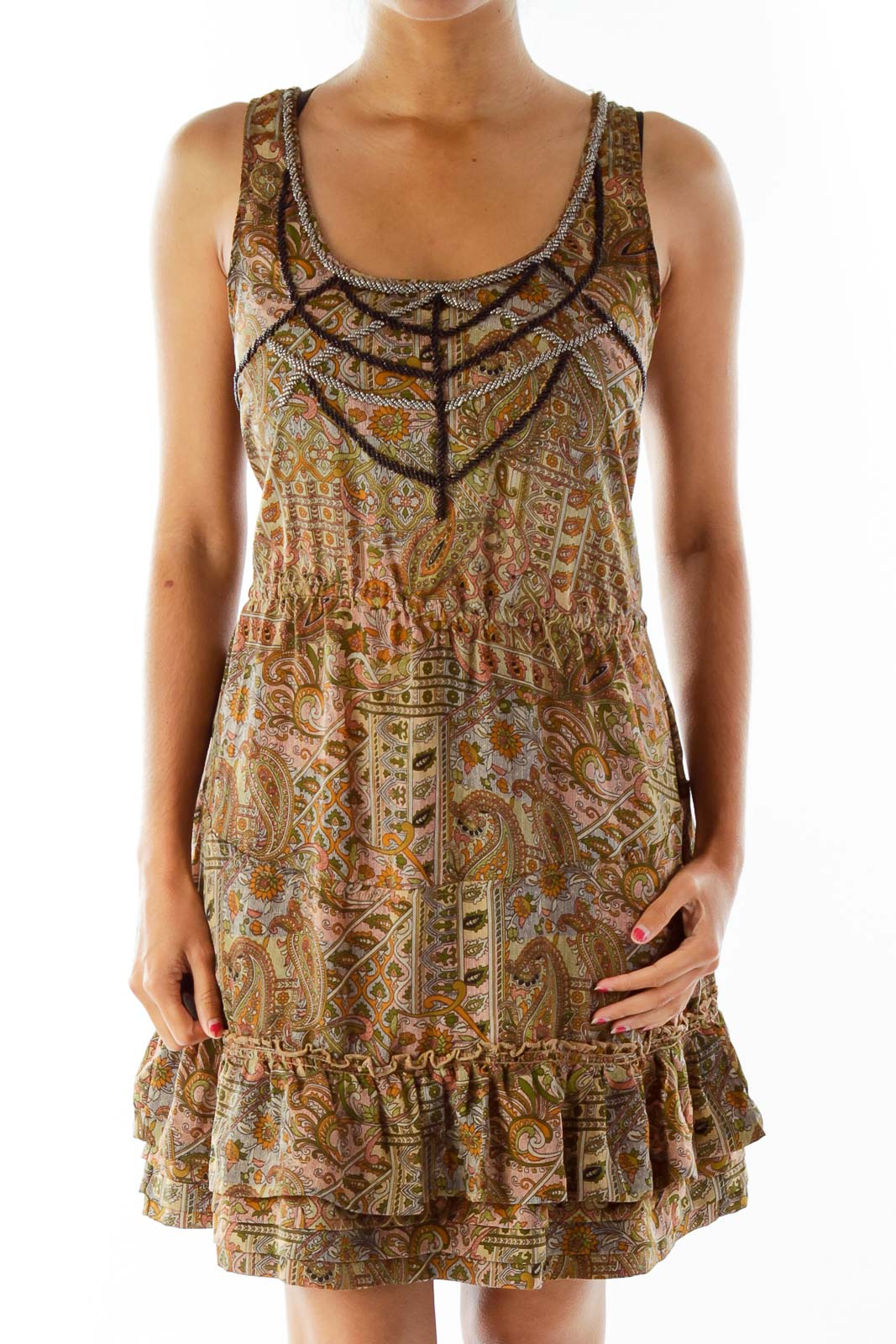 Olive Green Print Embroidered Dress Front