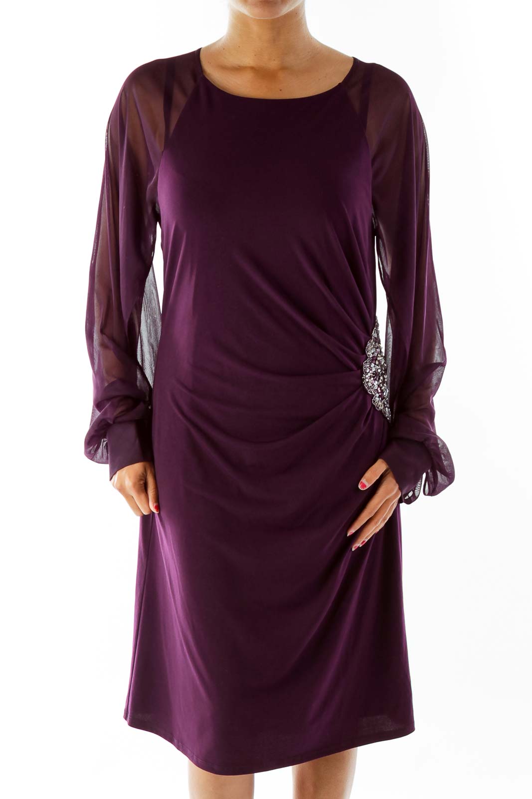 Purple Embroidered Fitted Dress Front