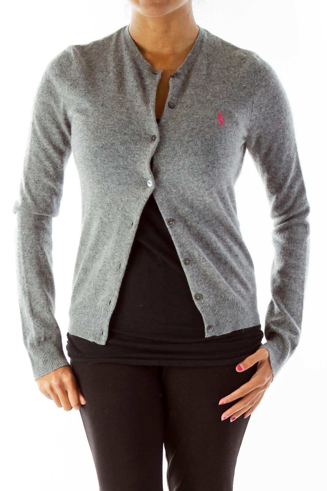 Gray Buttoned Merino Wool Cardigan Front