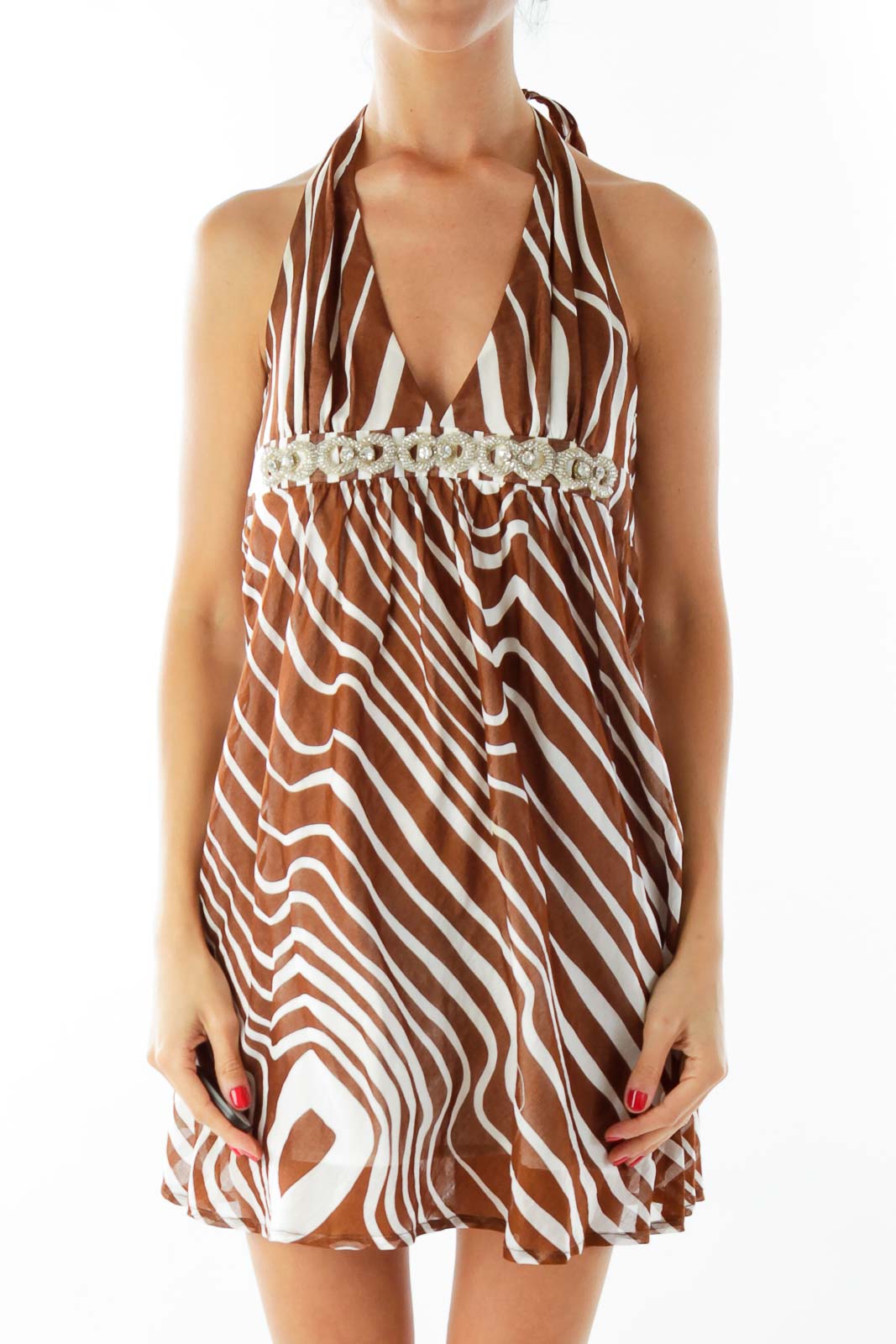 Brown Creme Zebra Print Halter Dress Front