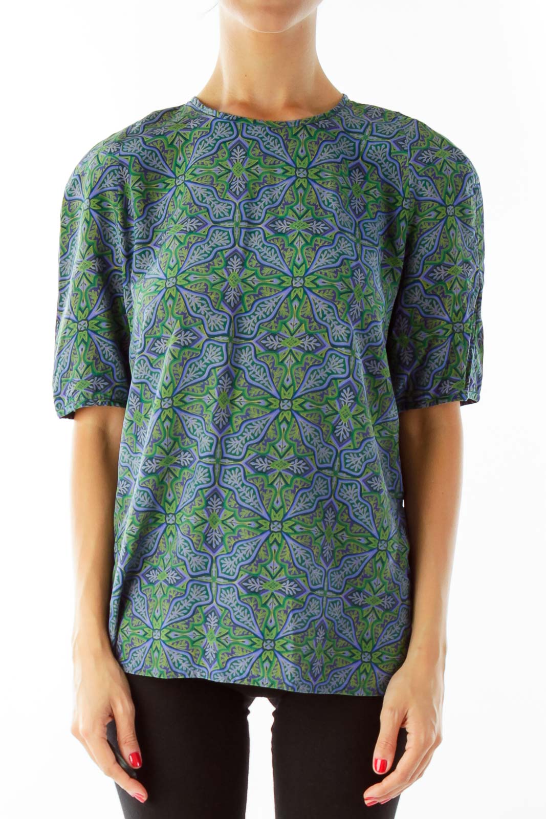 Blue Green Printed Blouse Front