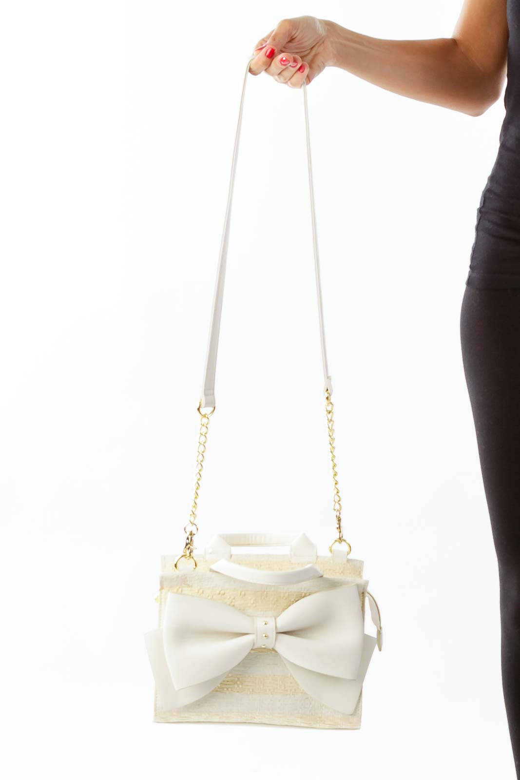 Beige & White Bow Shoulder Bag Front