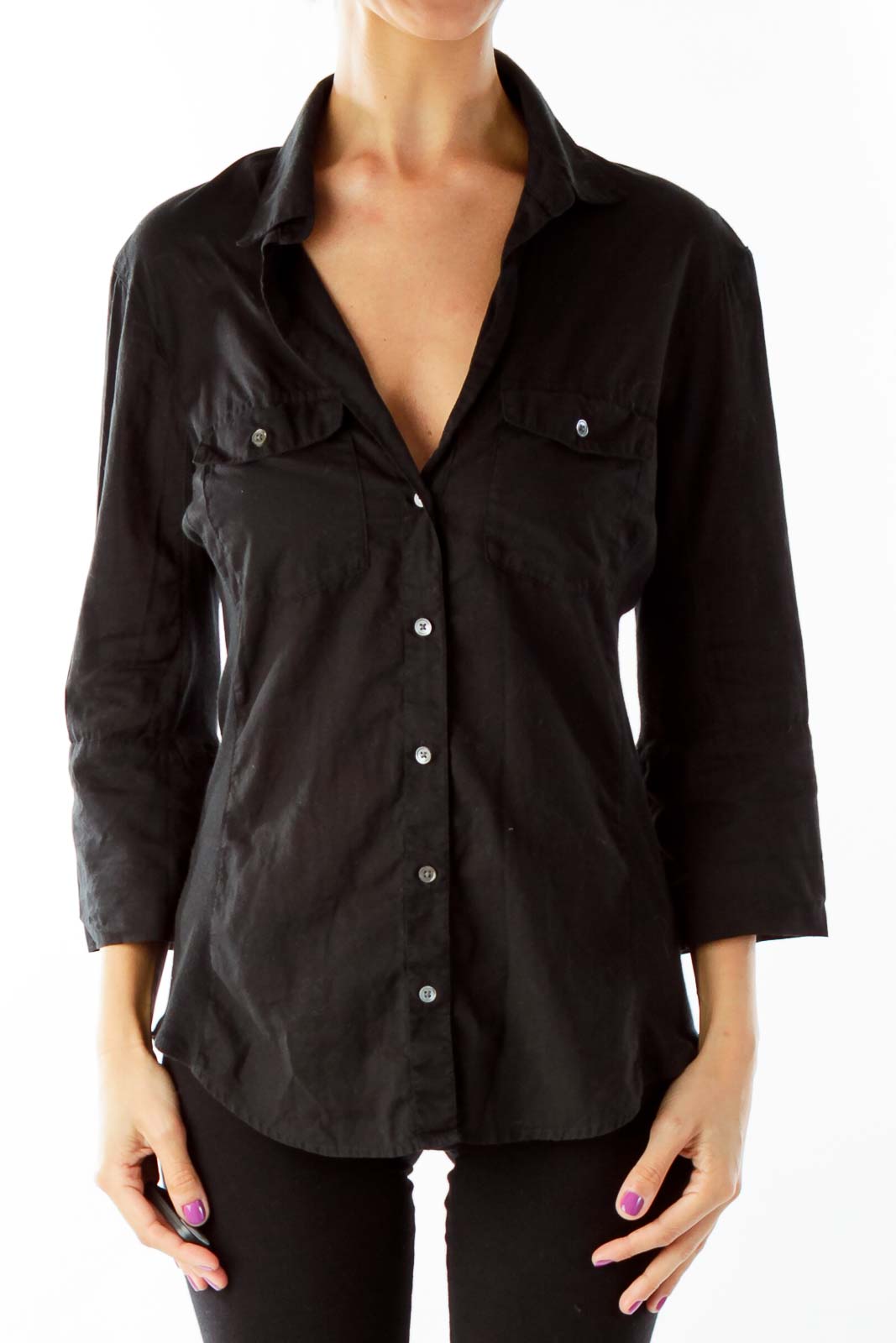 Black Buttoned Short Sleeve Shirt Front