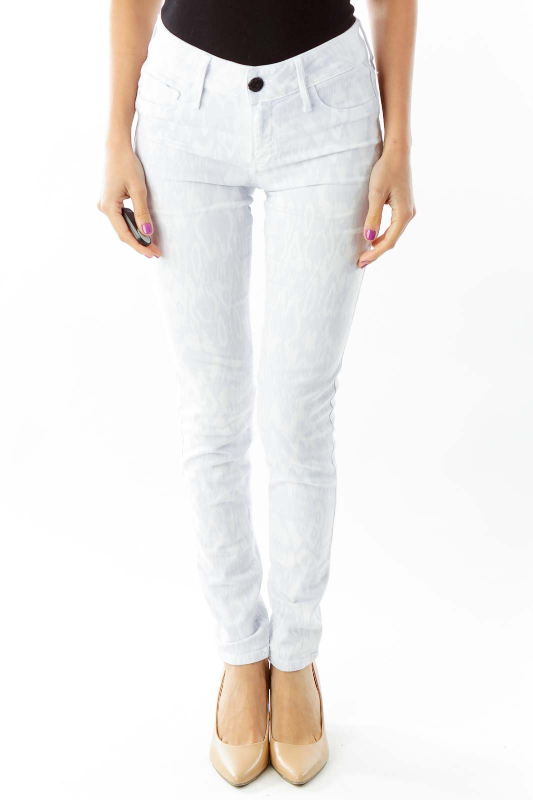 Gray Cream Print Skinny Jeans Front