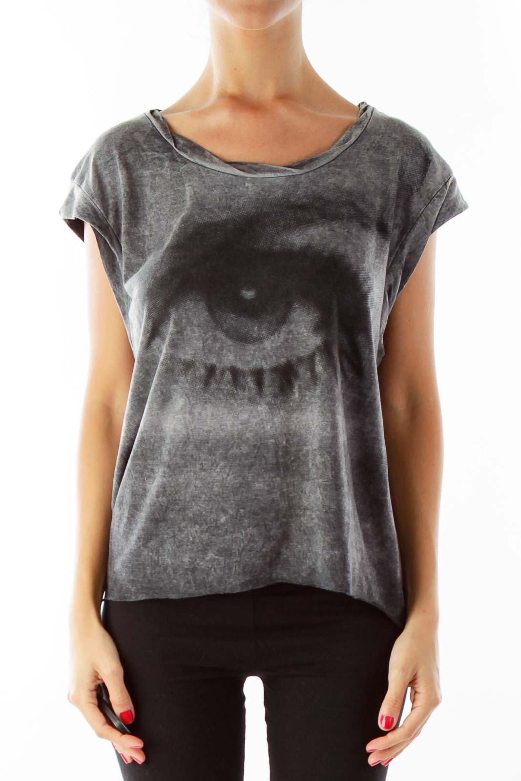 Black Gray Sleeveless Print Shirt Front