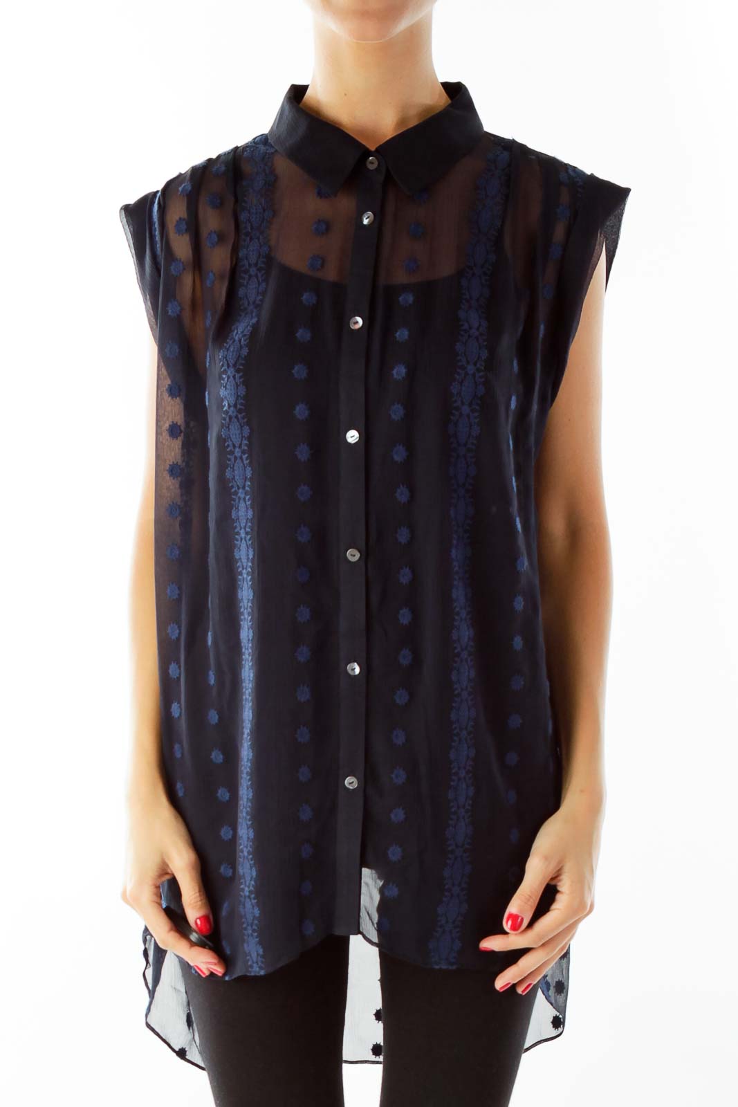 Black Blue Sheer Embroidered Sleeveless Blouse Front