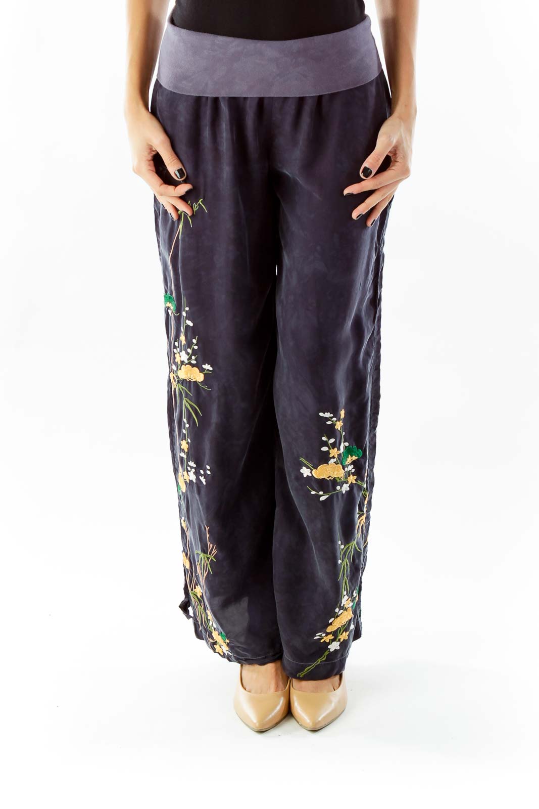 Navy Embroidered Wide-Leg Pants Front