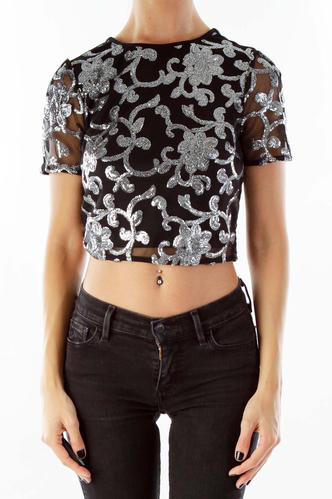 Black Silver Sequin Embroidered Crop Top Front