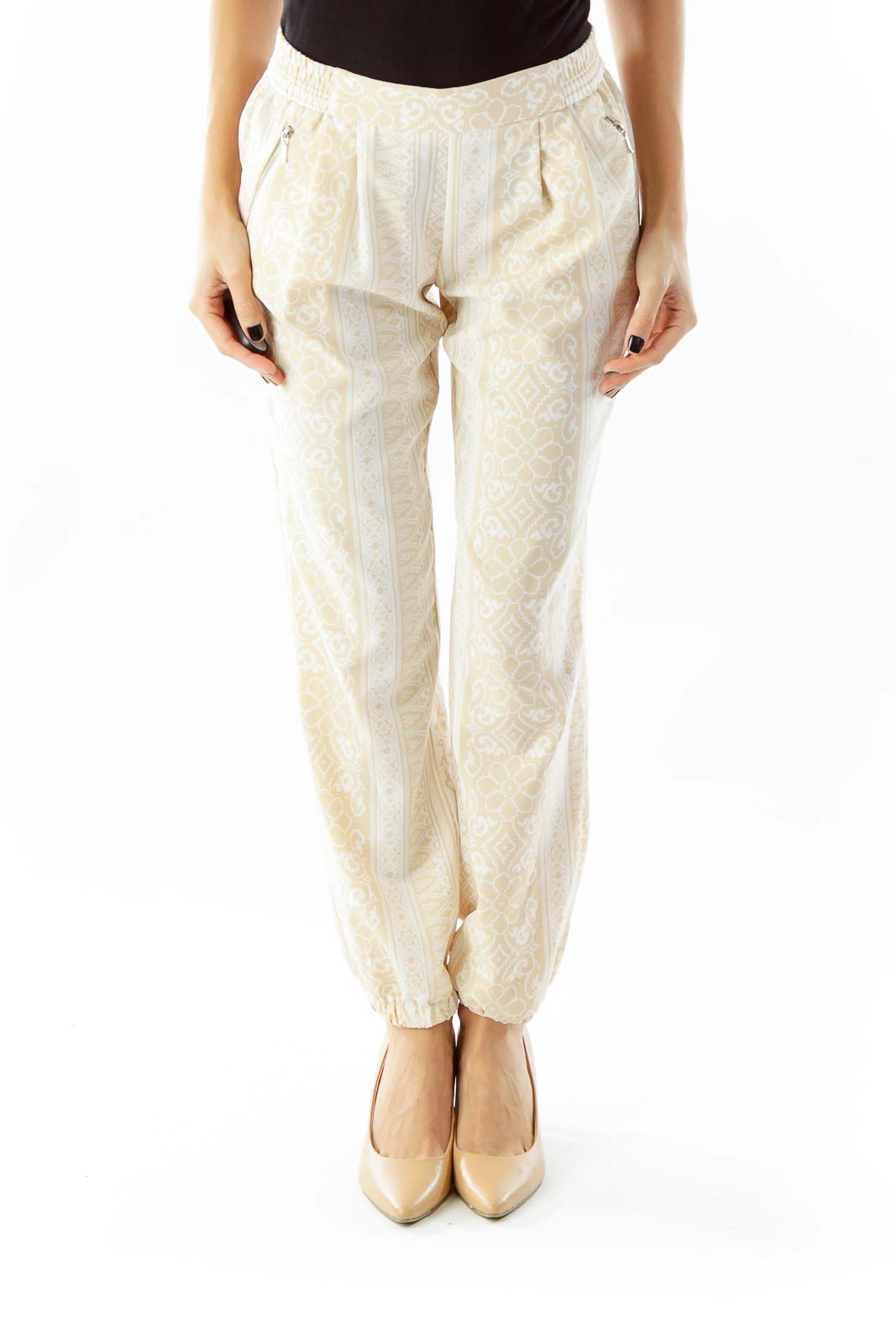 Cream Beige Floral Print Pants Front