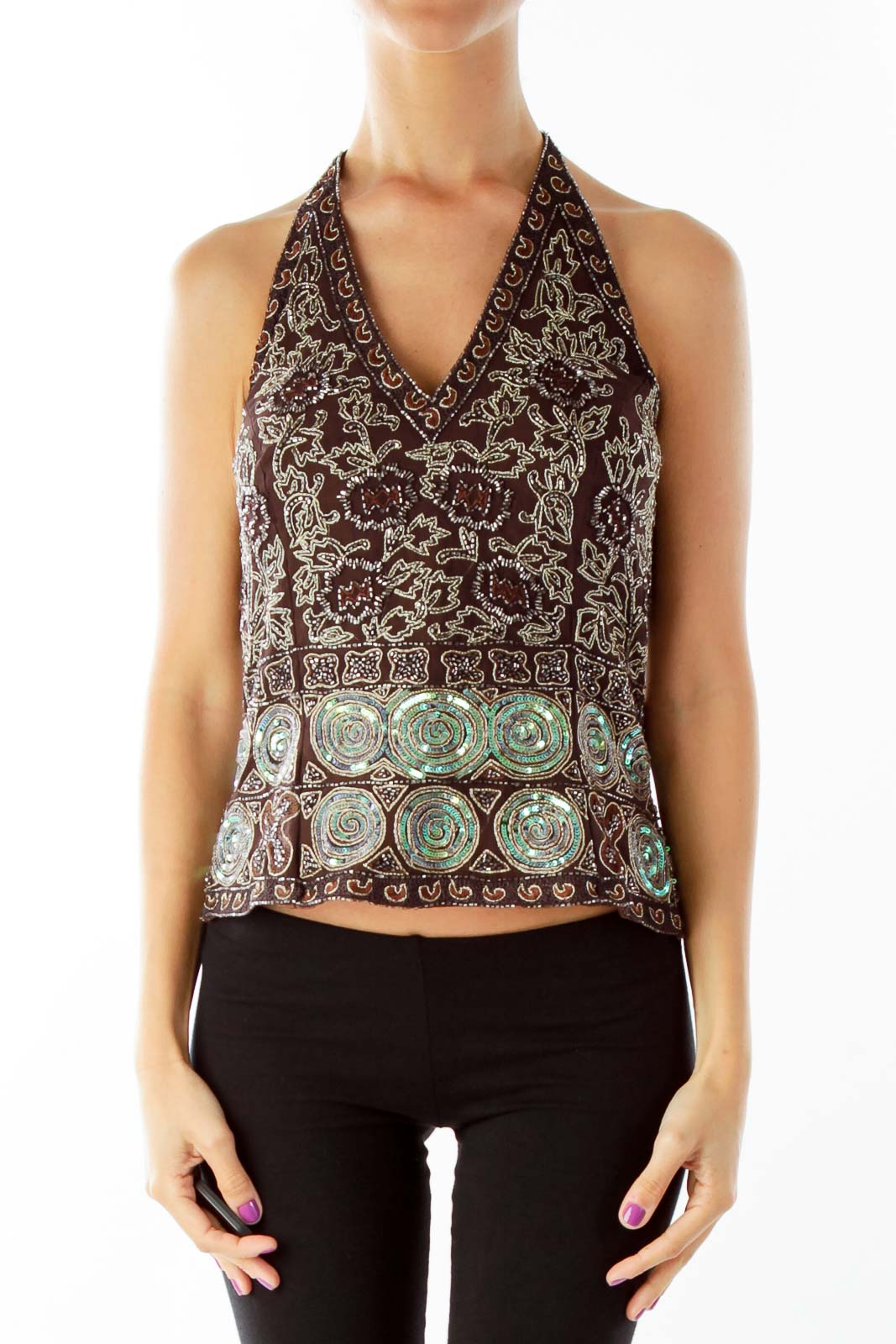 Brown Beaded Lace up Halter Top Front