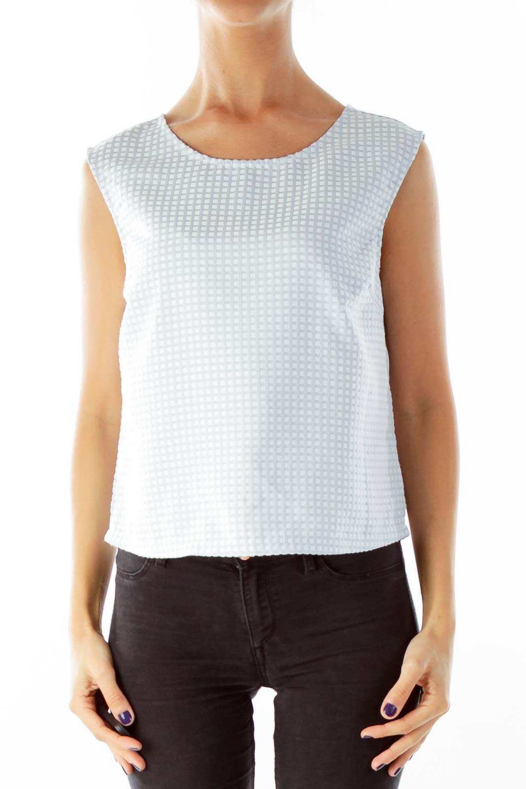 Blue Checkered Sleeveless Blouse Front
