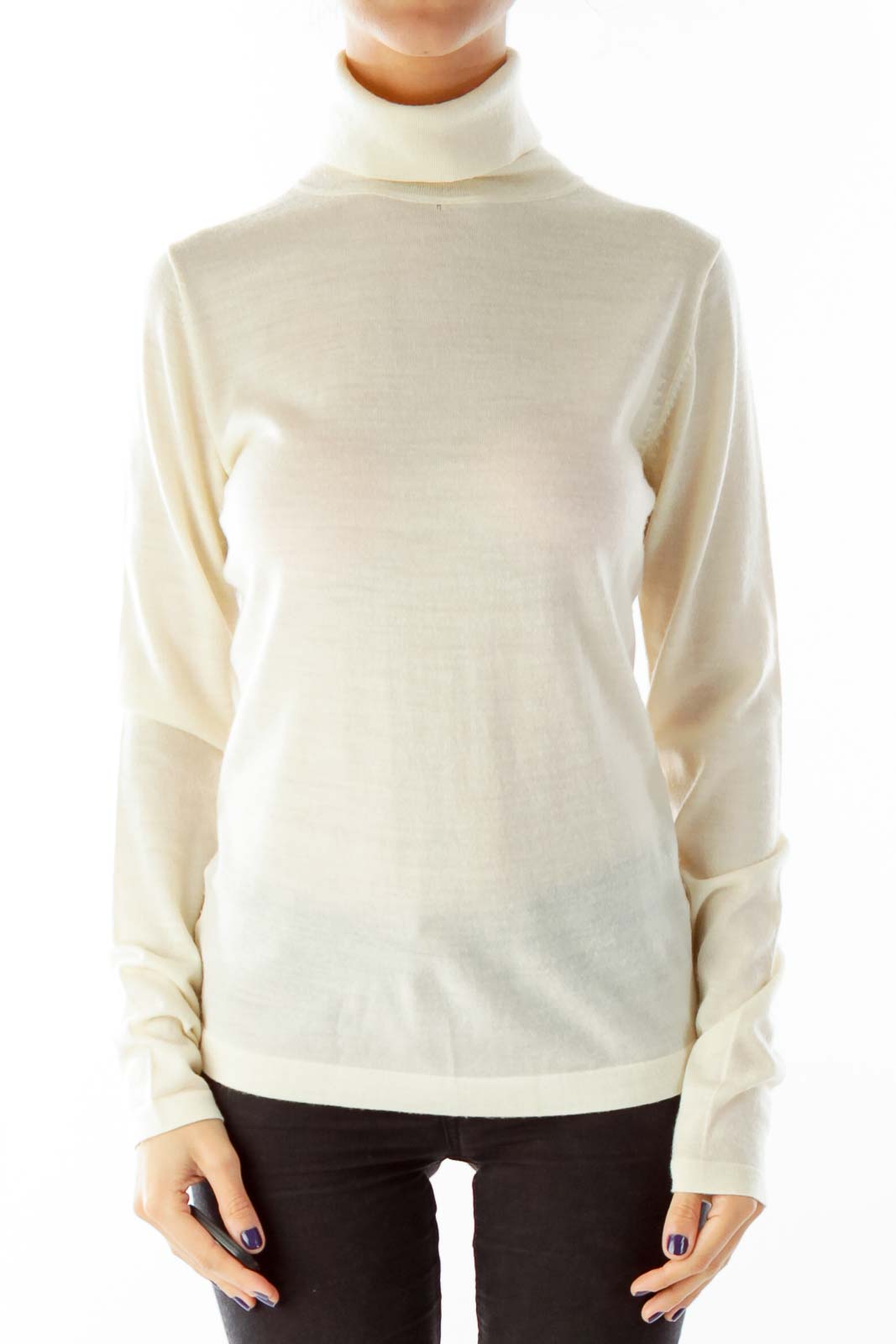 Cream Merino Wool Turtle Neck Knit Front