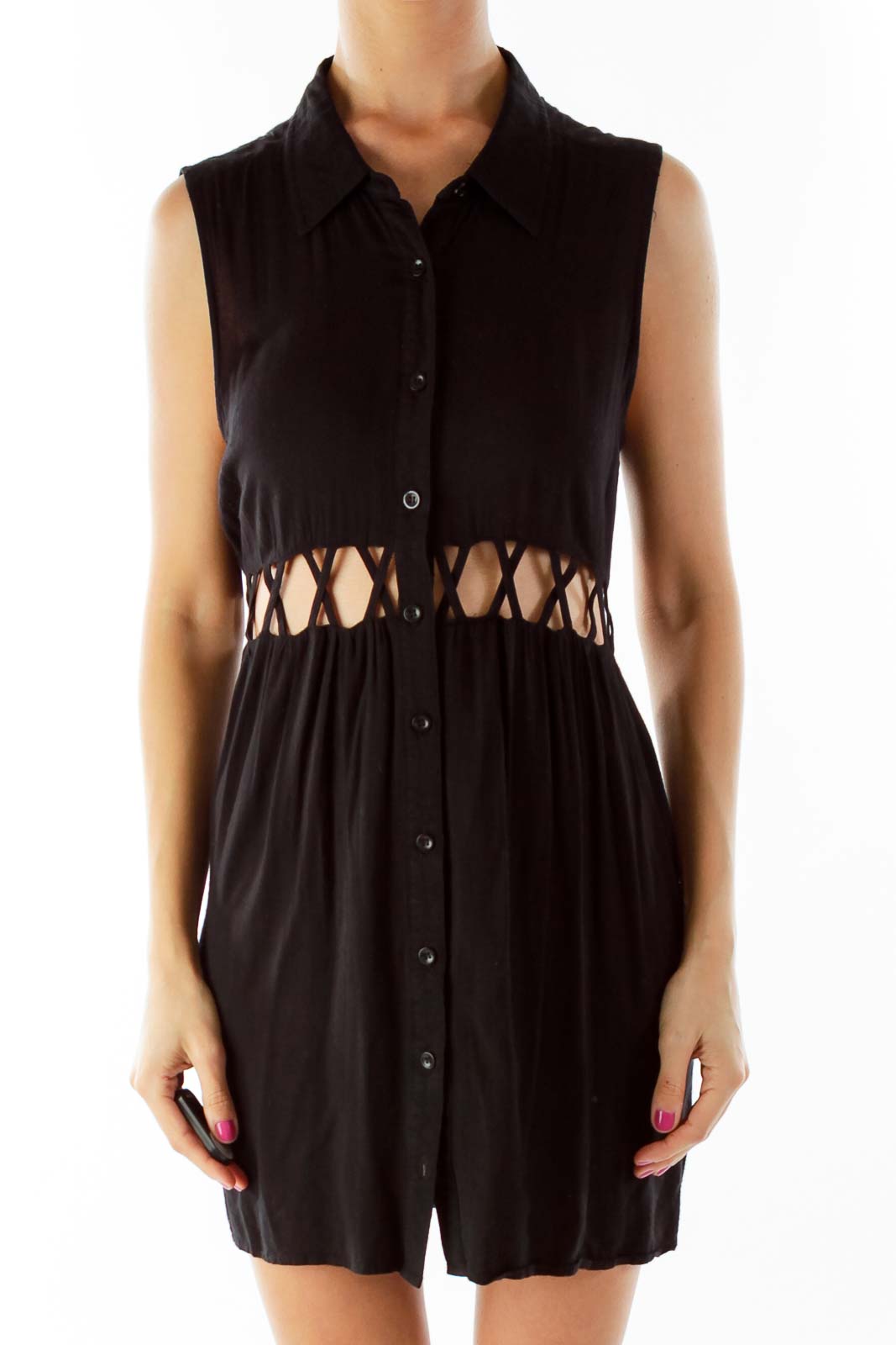 Black Button Down Day Dress with Cut-Out Waist Front