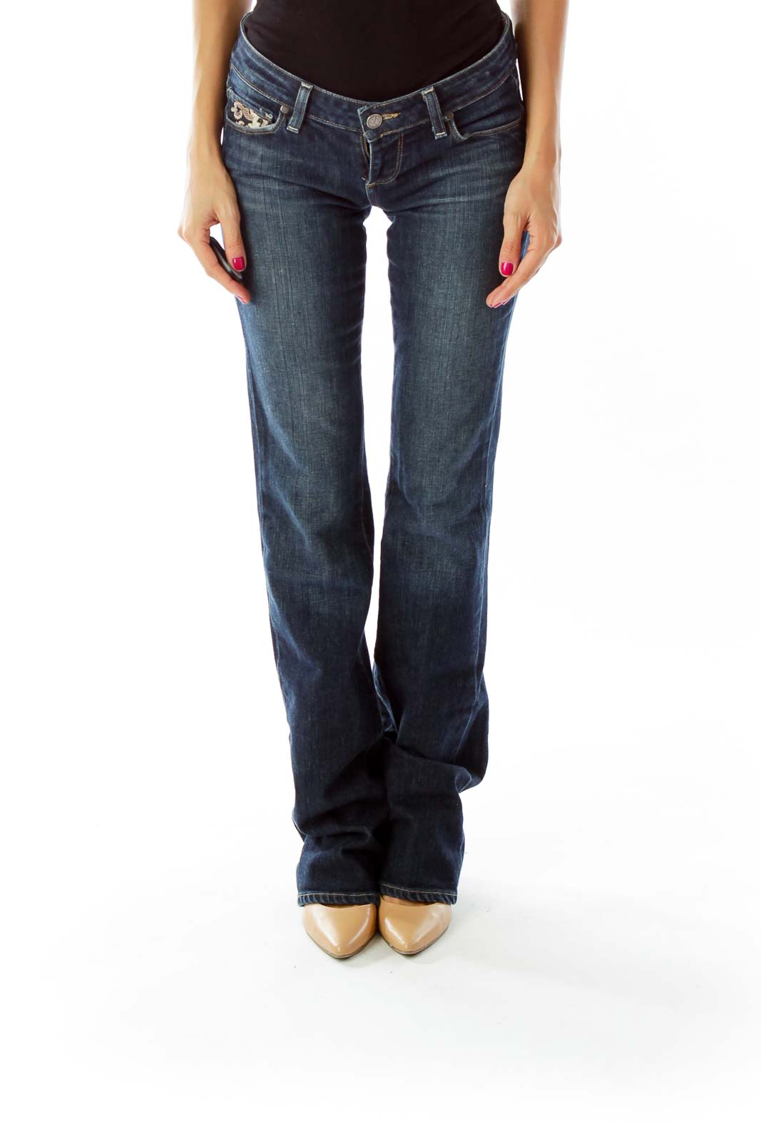 Paige - Navy Embroidered Wide-Leg Jeans Cotton Spandex | SilkRoll