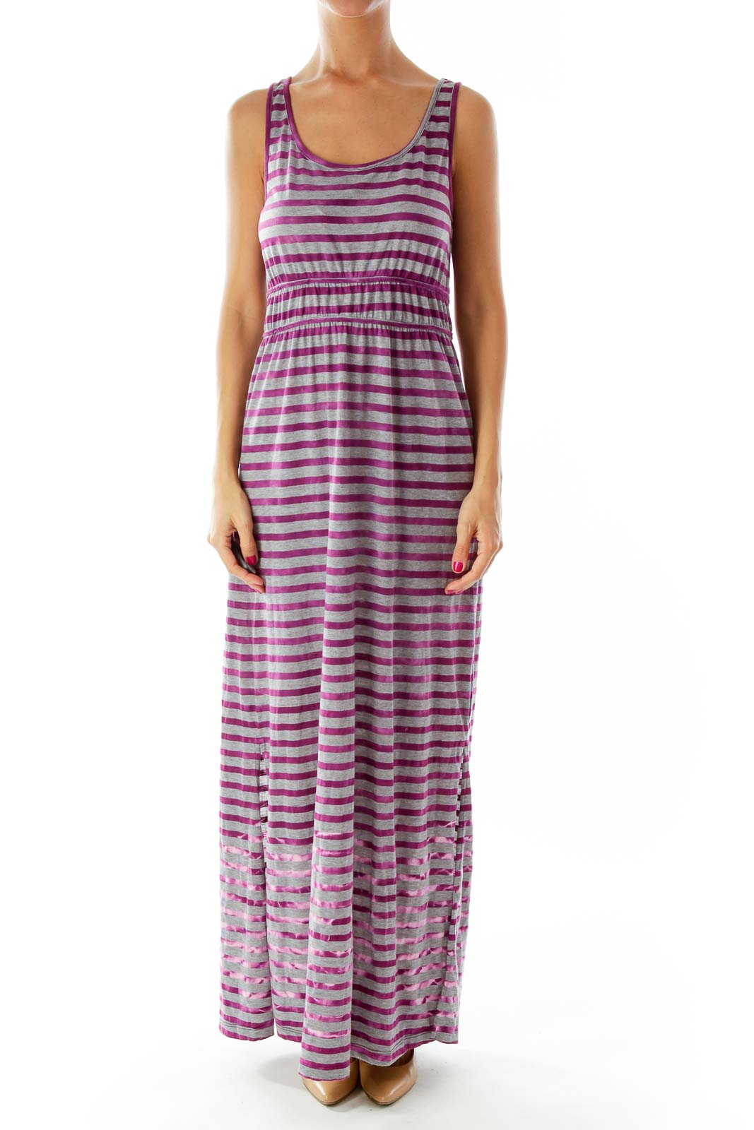 Purple Gray Striped Maxi Dress Front