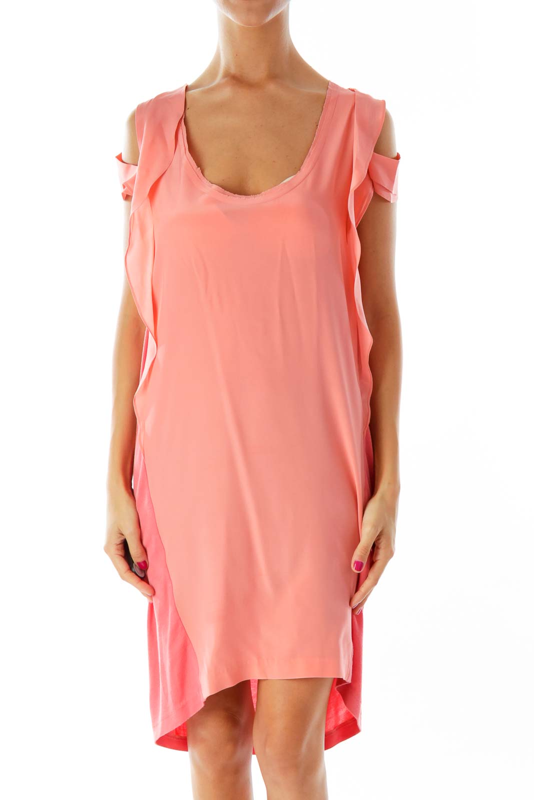 Pink Round Neck Ruffled Loose Day Dress Front