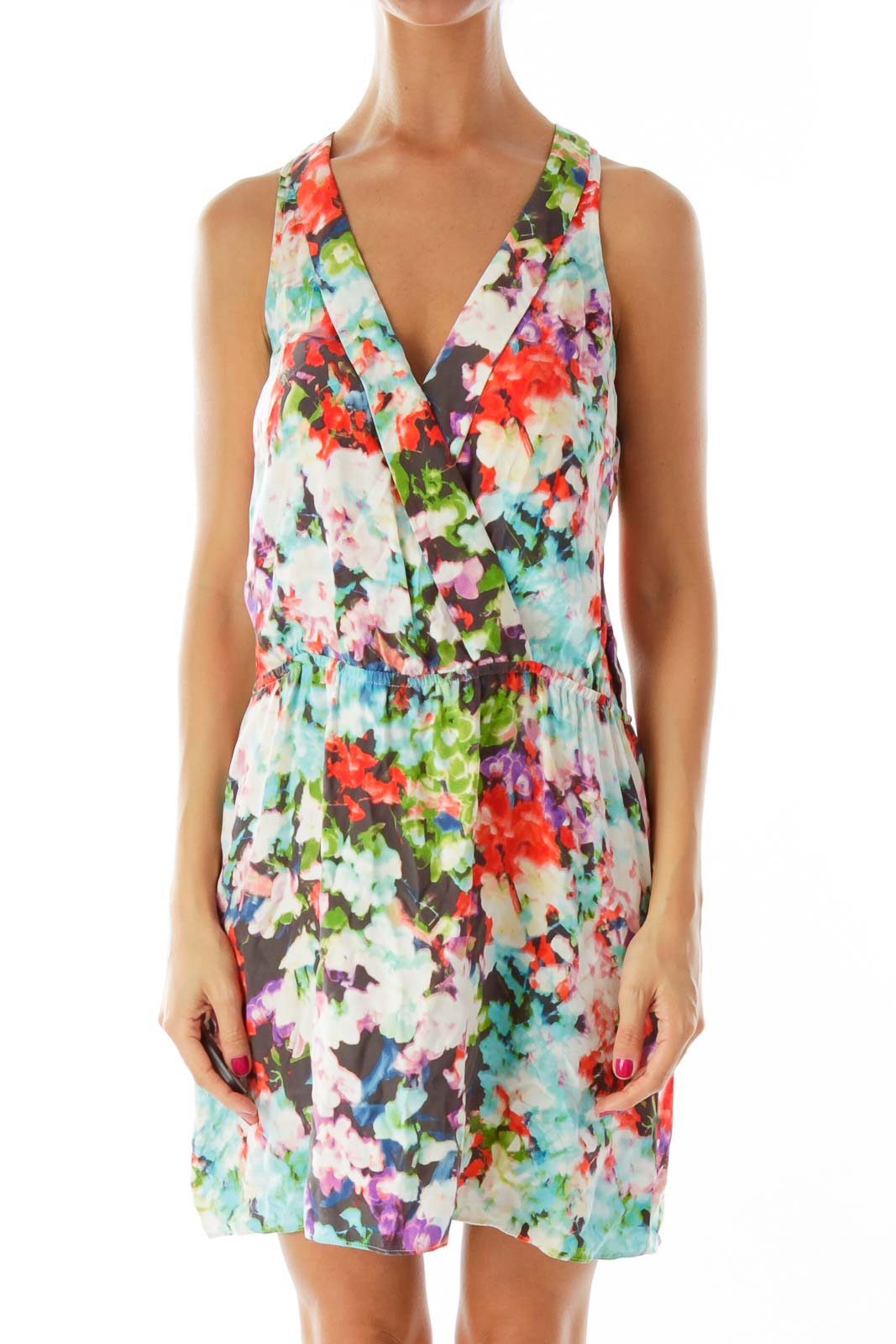 Parker - Multicolor Floral V-Neck Day Dress Silk | SilkRoll