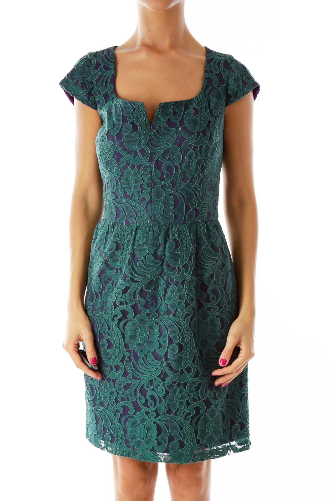 Green Purple Lace Day Dress Front