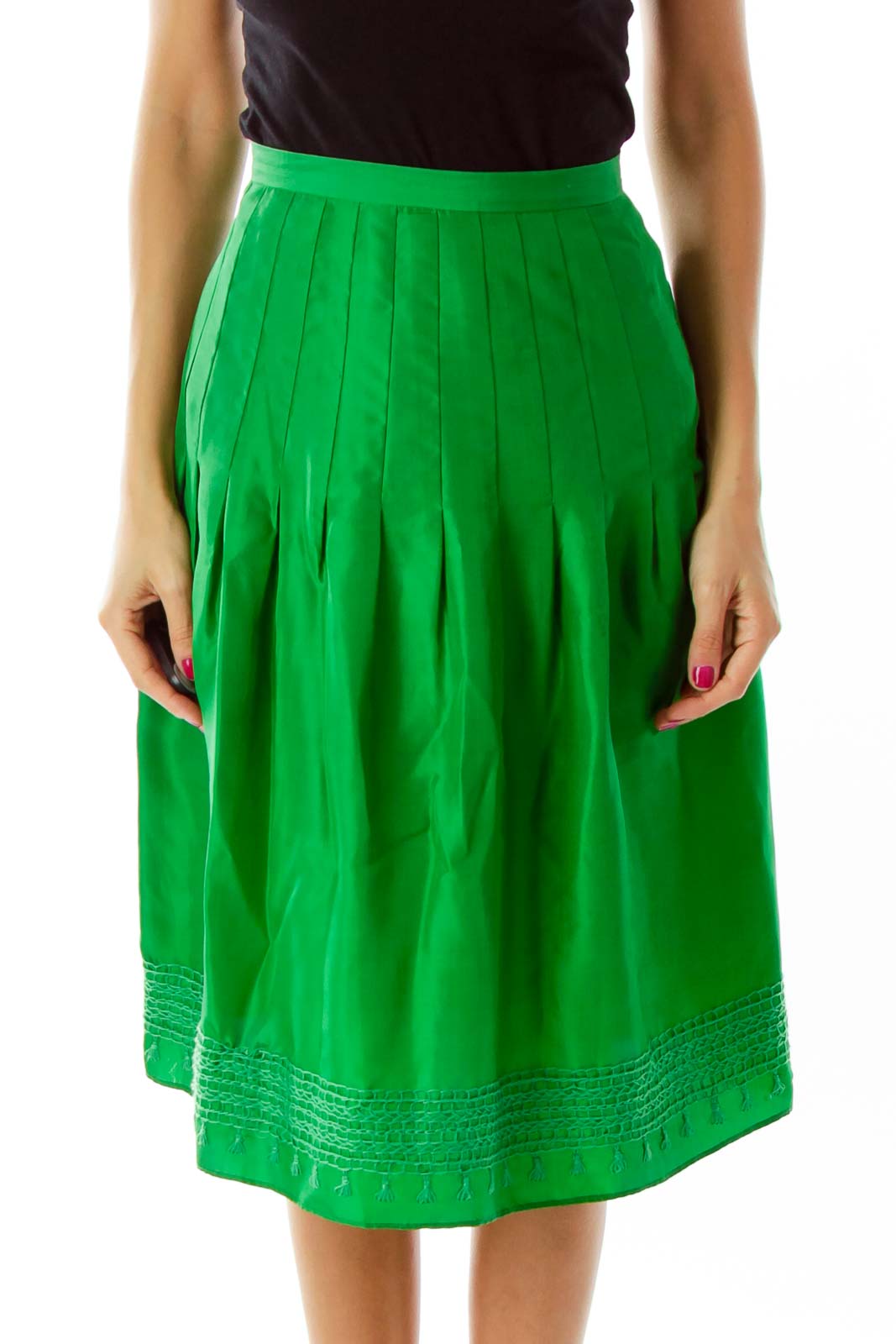 Green Pleated Midi Skirt Front