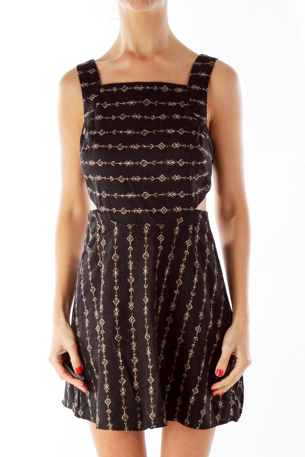 Black Beige Tribal Print Cut-Out Day Dress Front