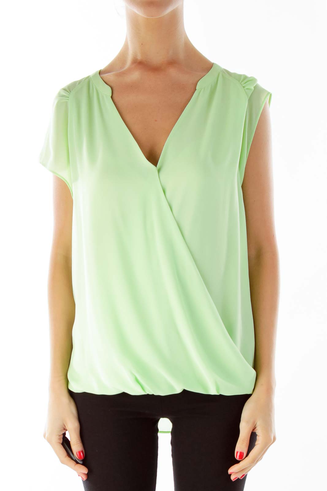 Neon Green V-Neck Layered Blouse Front