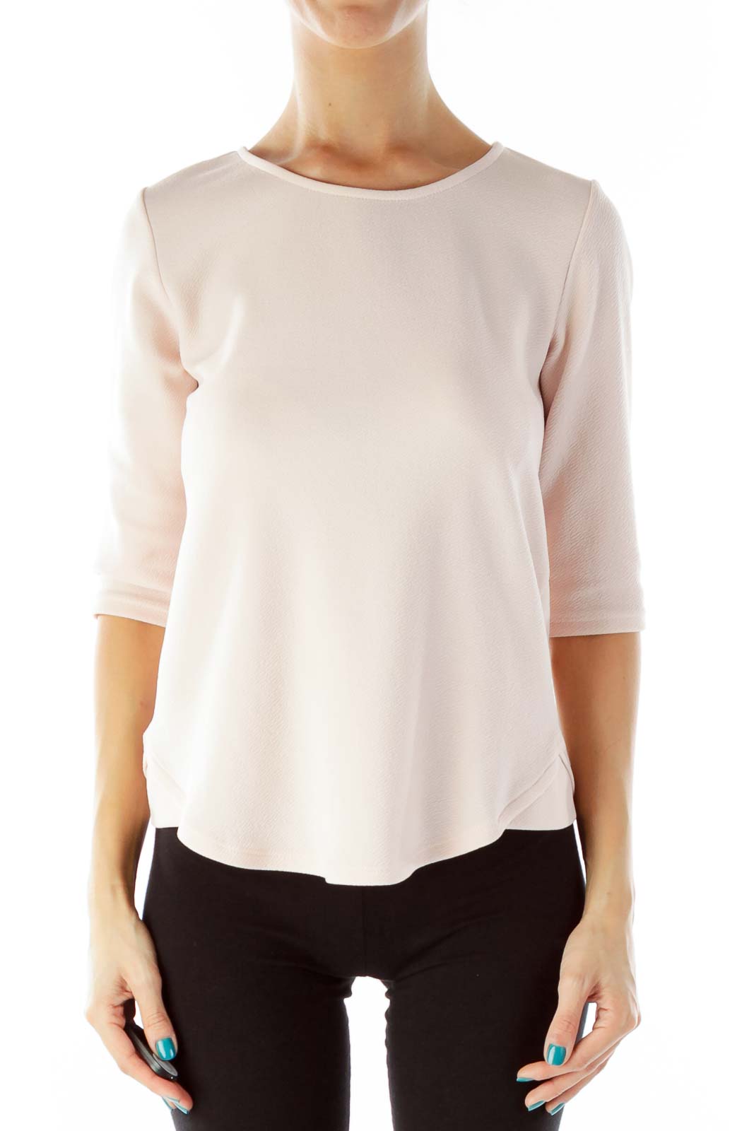 Pink Round Neck Three-Quarter-Sleeve Blouse Front