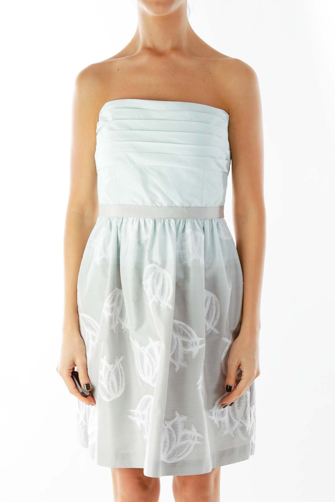 Green Gray Strapless Embroidered Striped Cocktail Dress Front
