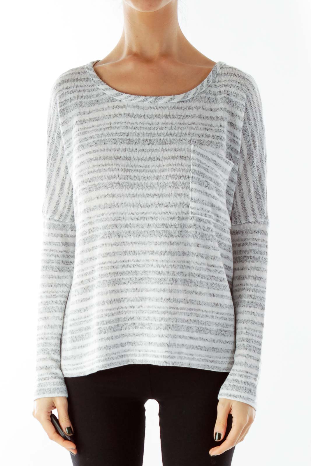 Gray Beige Striped Pocketed Loose Knit Top Front