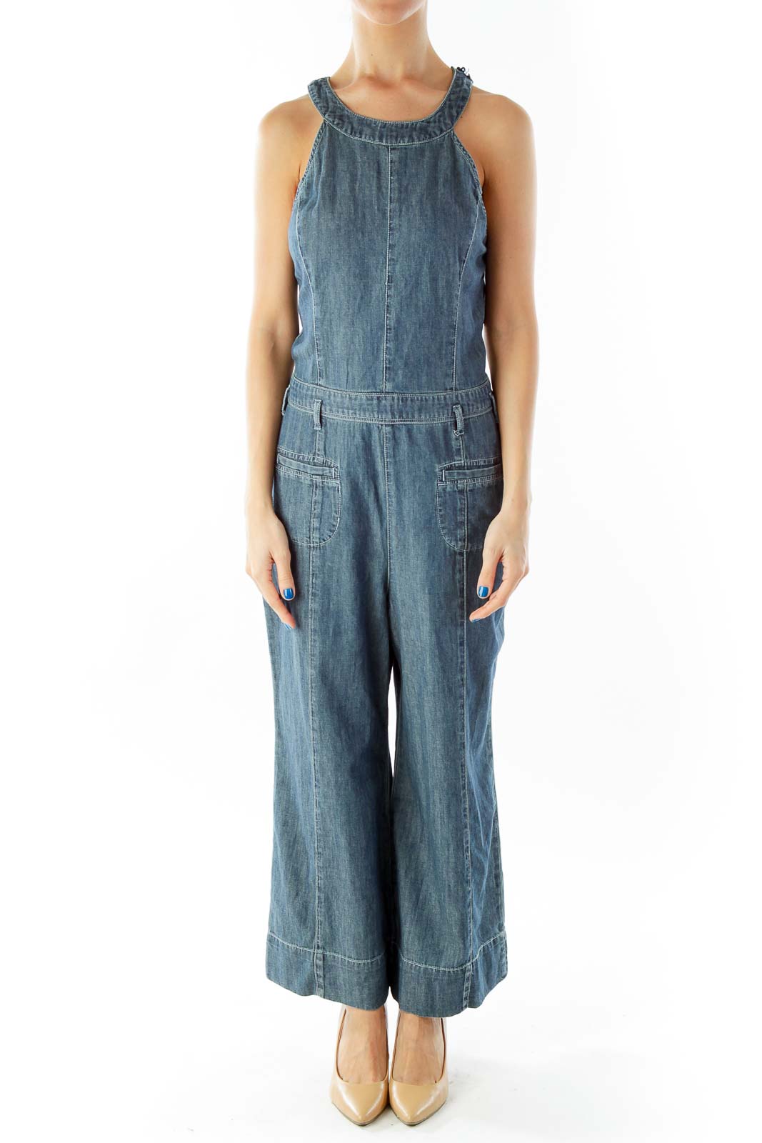 Blue Cropped Pocketed Wide-Leg Overall Front