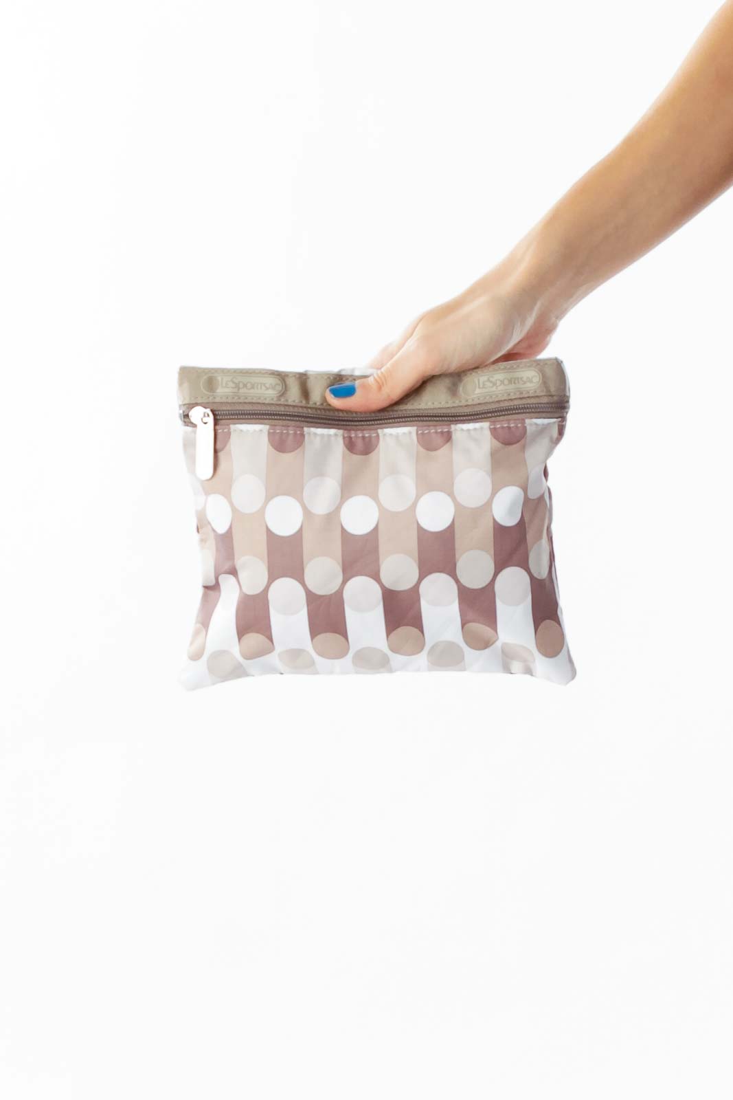 Brown Beige White Striped Polka-Dot Pouch Front