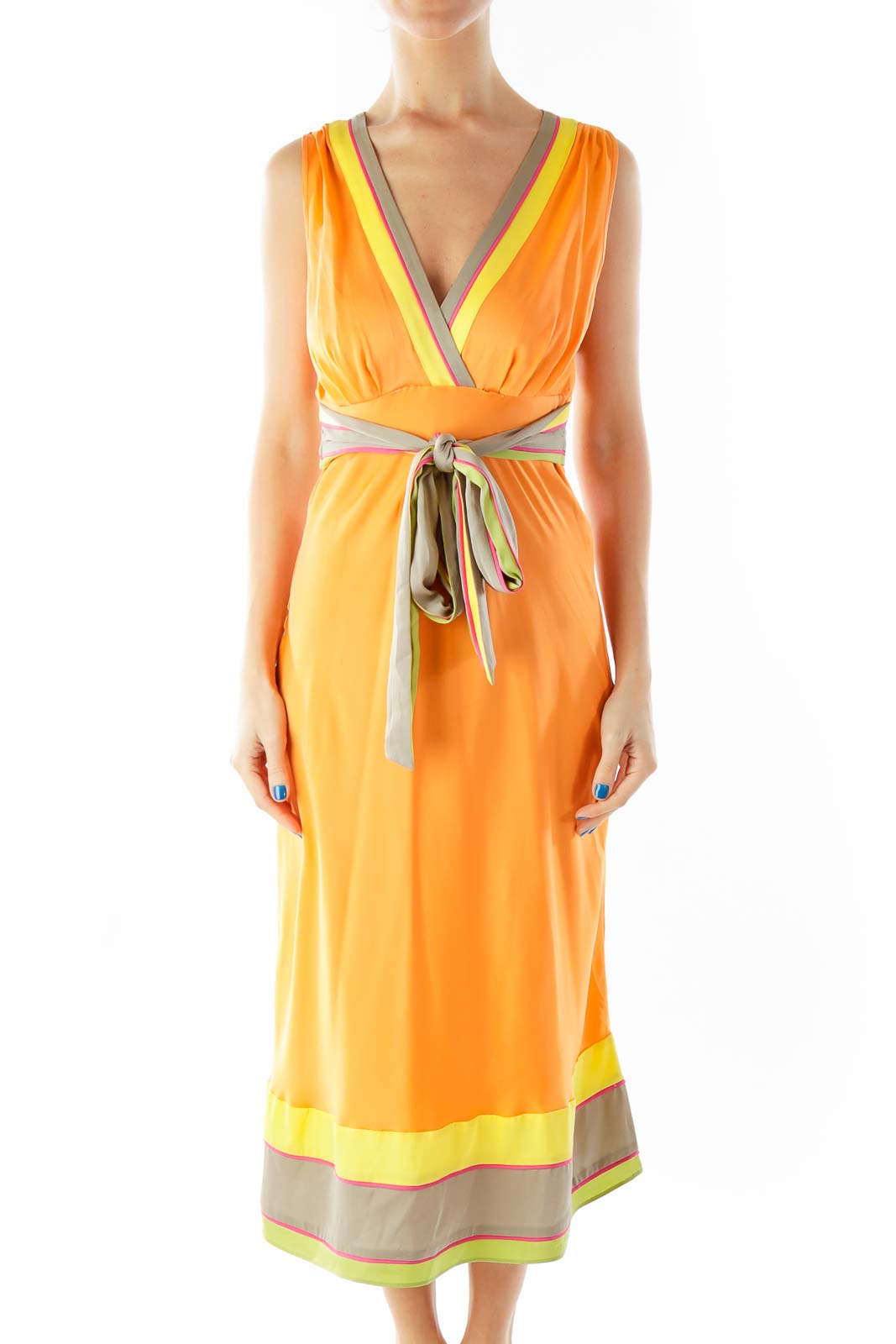Orange Multicolor V-Neck Belted Day Dress Front