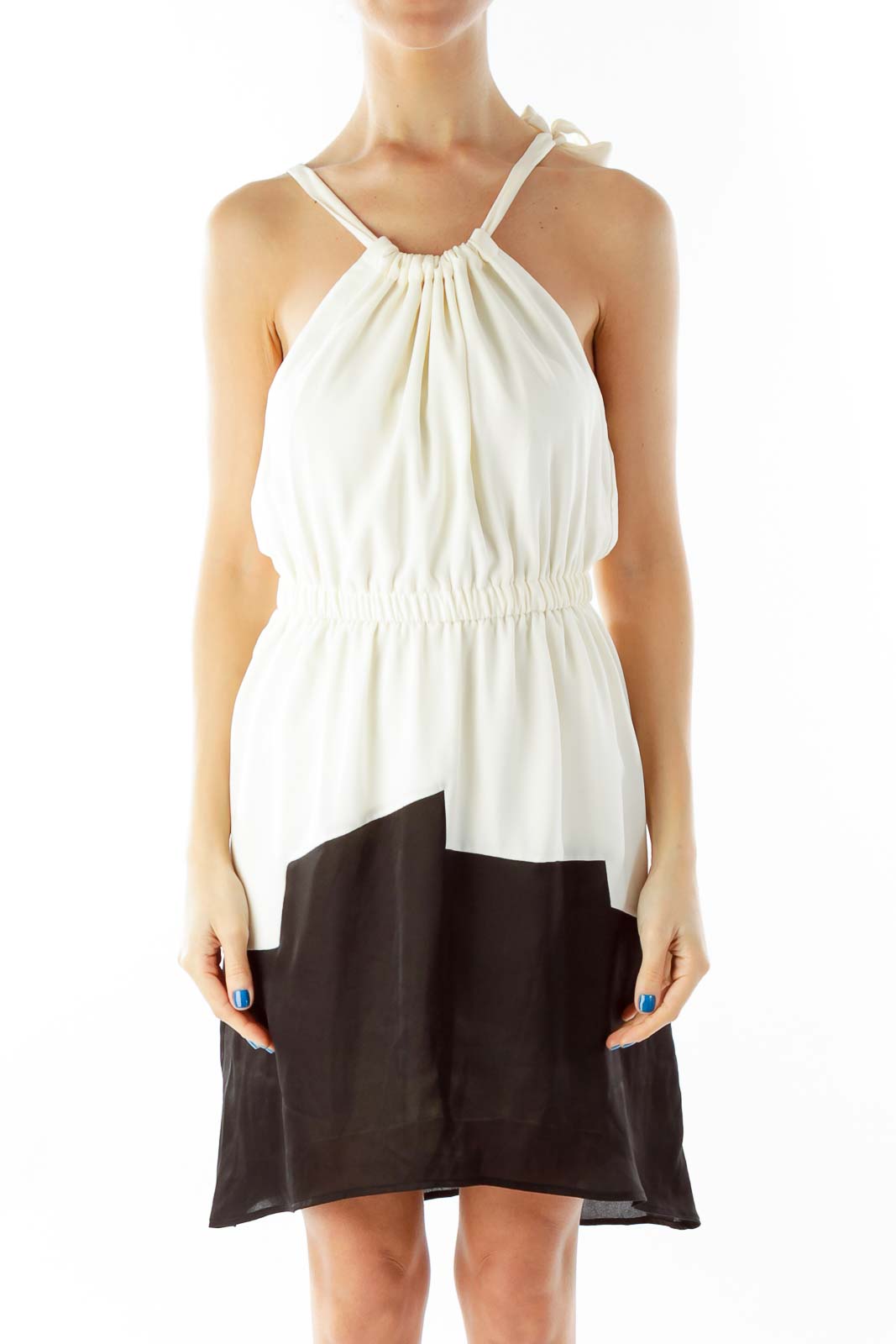 Cream Black Scrunched Sleeveless Day Dress Front