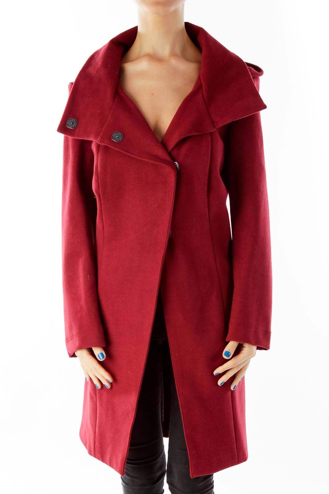 Wine Single Breasted Hooded Coat Front