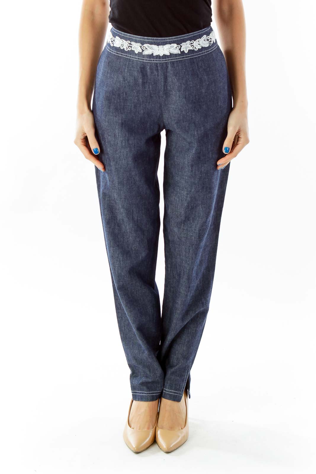 Blue Beaded Tapered Pants Front
