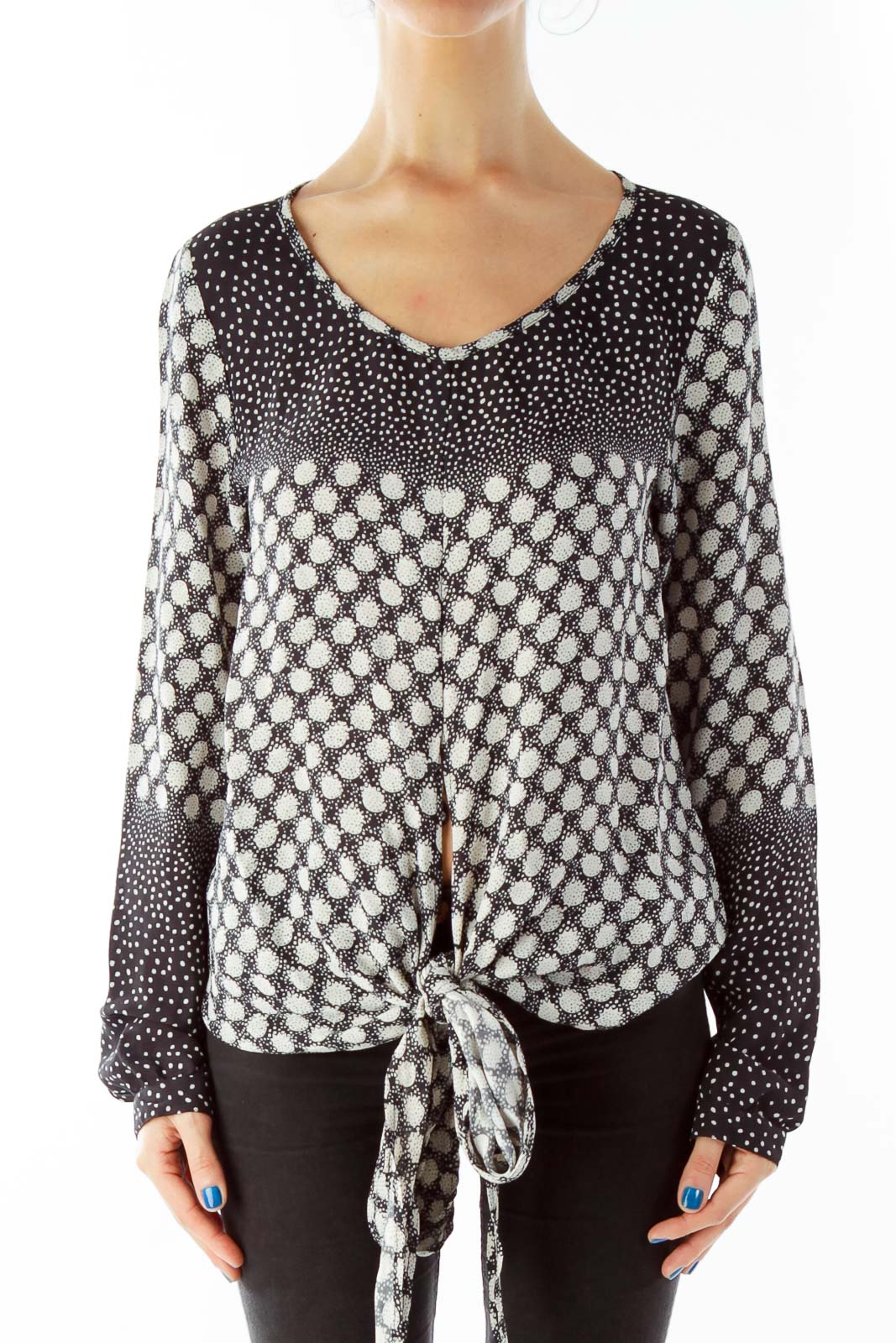 Black White Polka Dot Knotted Blouse Front