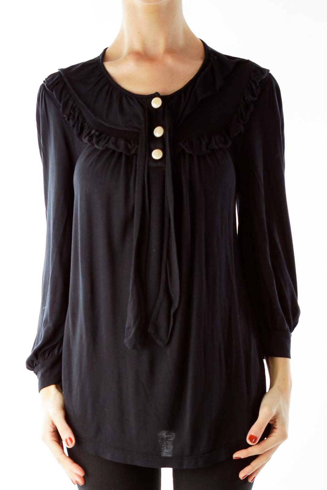 Black Three Quarter Sleeve Buttoned Bow Blouse Front