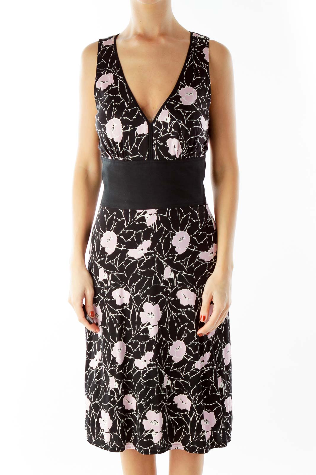 Black Pink White Flower Print Belted Day Dress Front