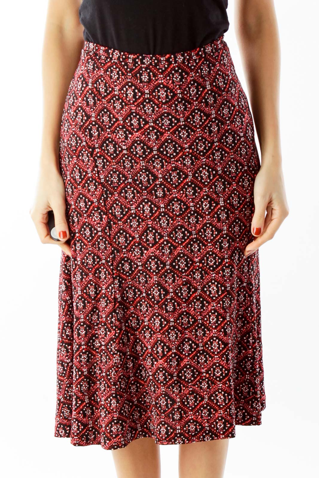 Red Black Geometric Print Flared Skirt Front