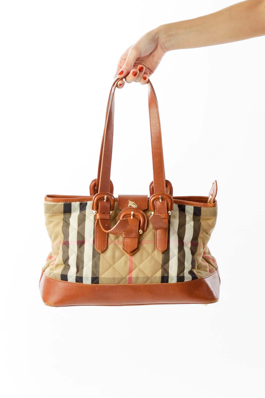 Brown Check-Print Leather Bag Front