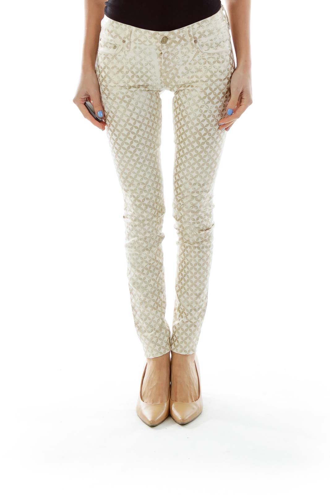 Gold White Print Skinny Pants Front