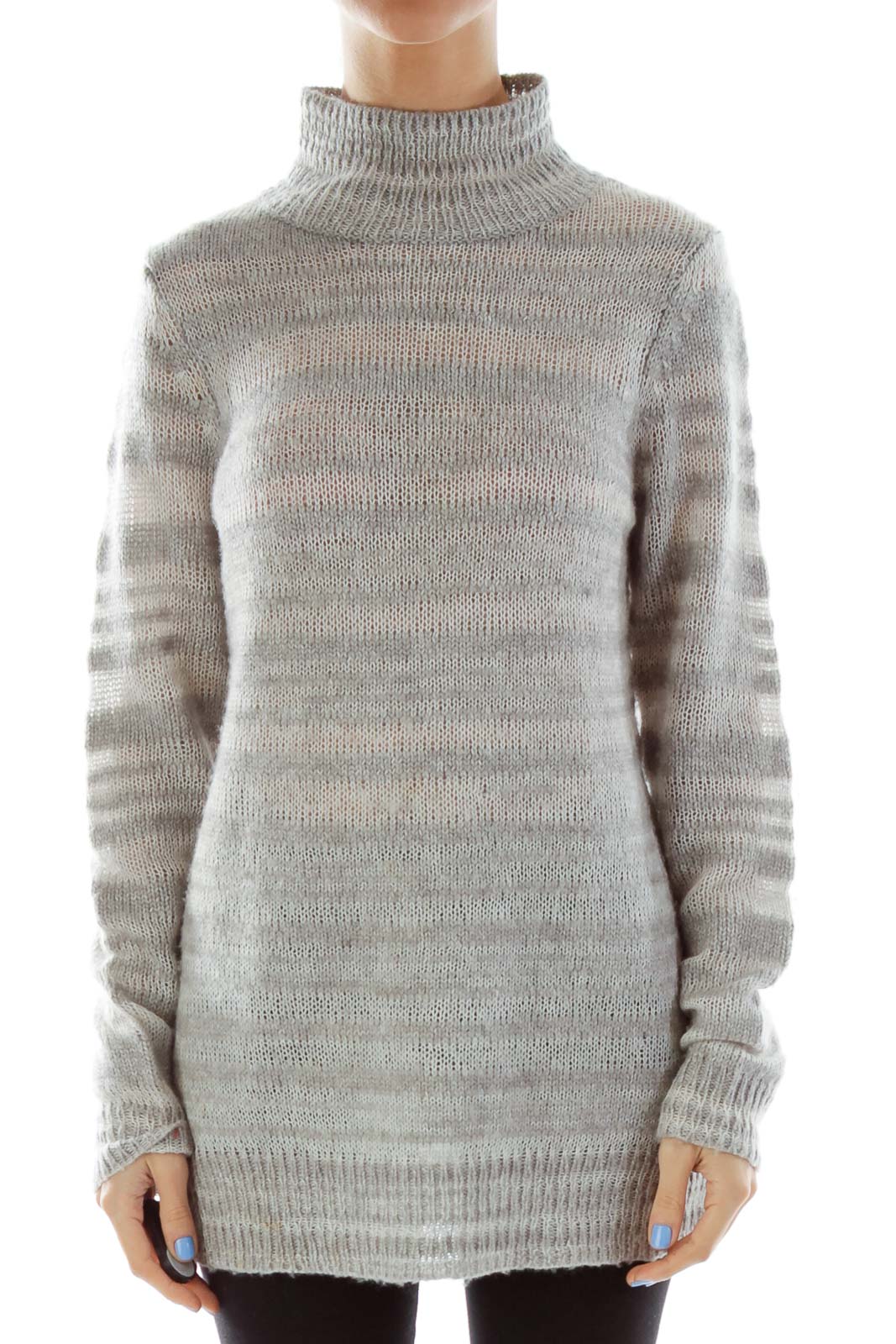 Gray Striped Turtleneck Sweater Front